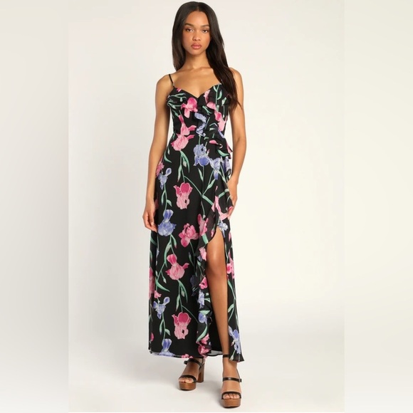 Lulus XSmall Black Floral Print Ruffled Sleeveless Maxi Dress - Picture 1 of 9